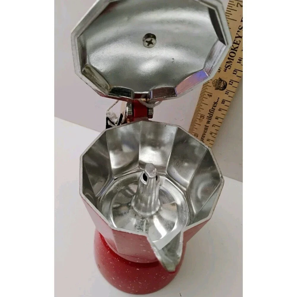Cibo Stovetop Espresso Maker 3 Cup Red Speckled Moka Pot Wood Handle 6